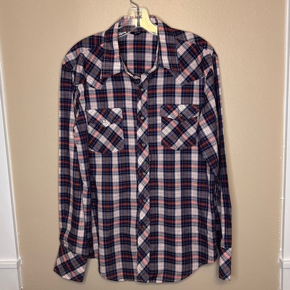 VINTAGE American Graffiti Men’s Pearl Snap Western Plaid Shirt Size XL Navy Red - Picture 1 of 7